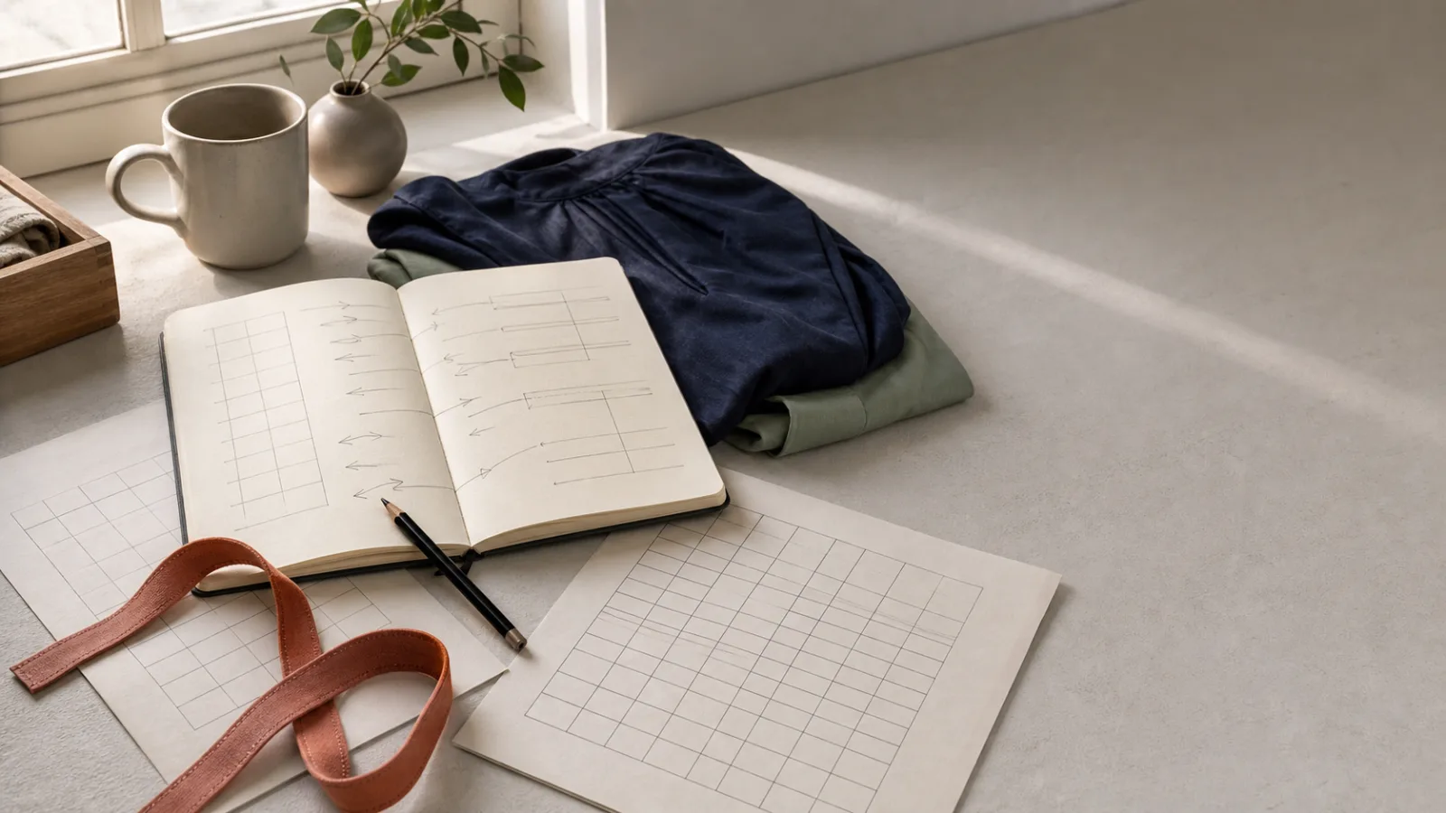 An open notebook of comparison notes beside two brands’ size charts and a tape measure