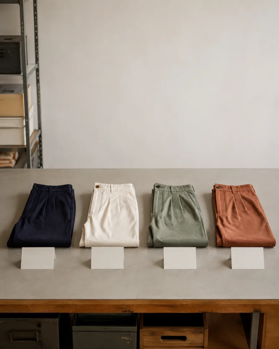 Four pairs of trousers laid in a row with a measurement card in front of each