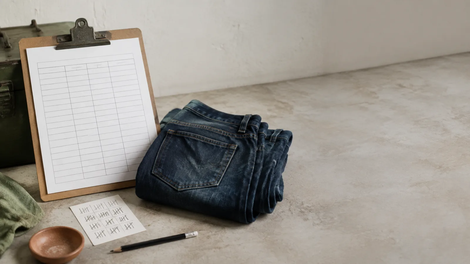A printed test protocol on a clipboard beside a worn pair of trousers and a tally of wash cycles