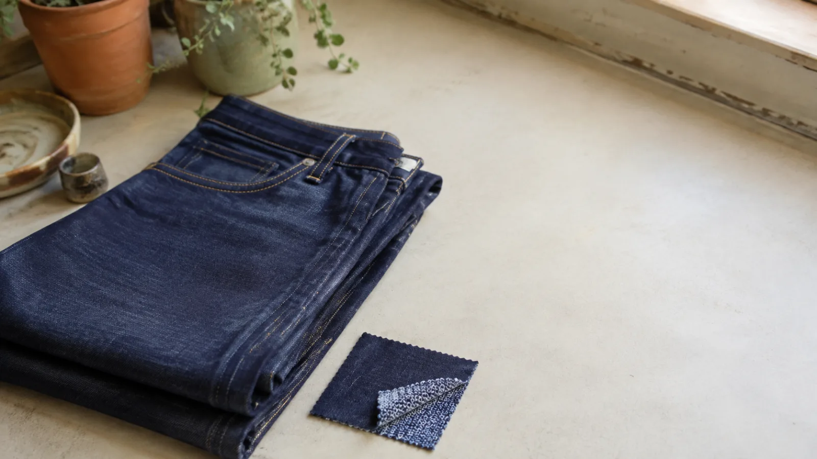 A folded pair of knit jeggings beside a swatch showing the looped knit structure of the fabric