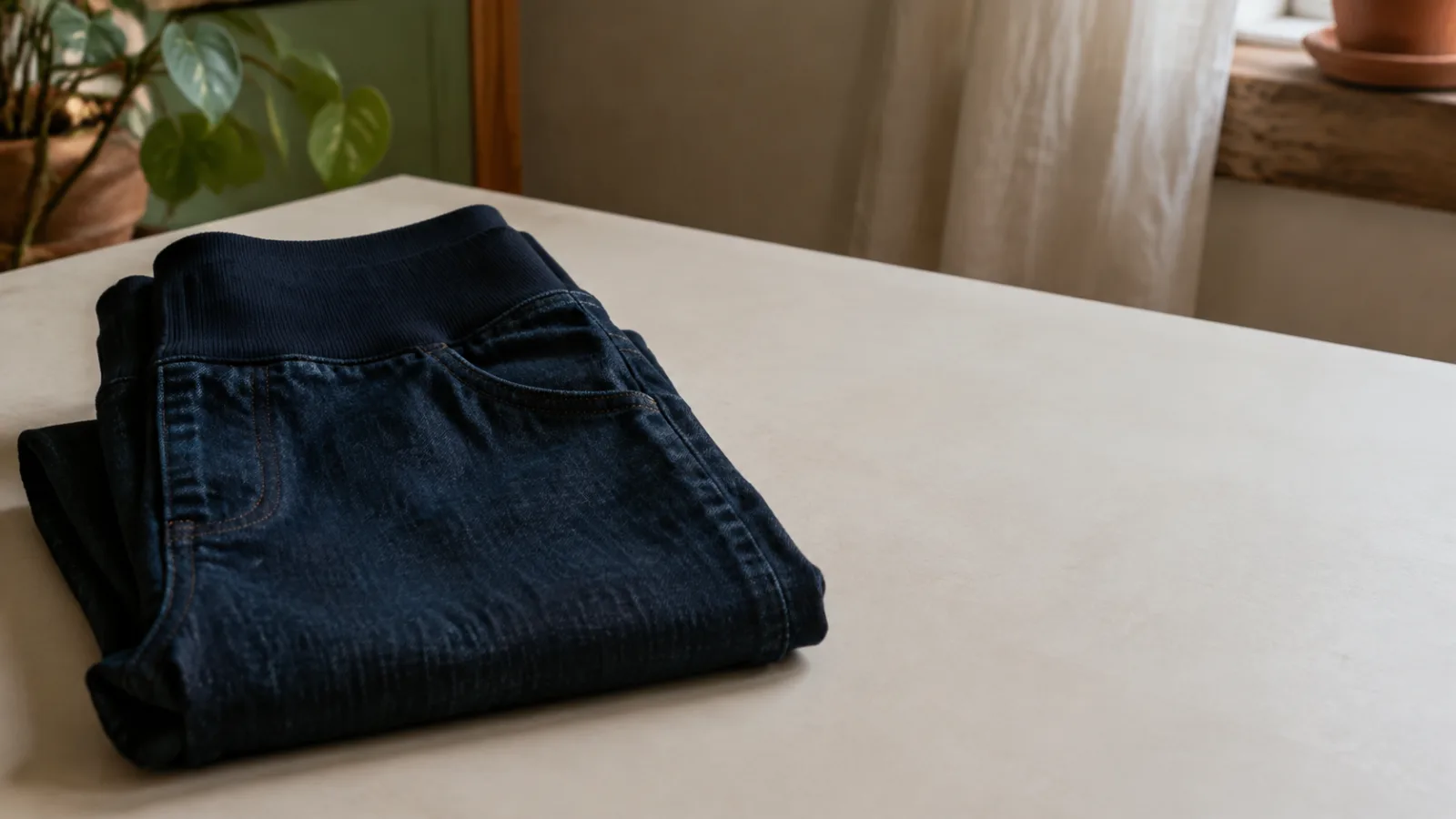 Woven denim pull-on jeans folded to show a wide elastic waistband instead of a fly