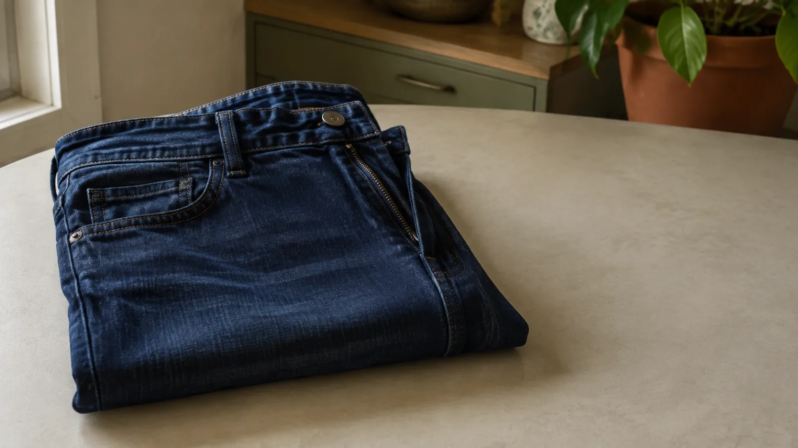 Classic five-pocket denim jeans folded to show a working button-and-zip fly