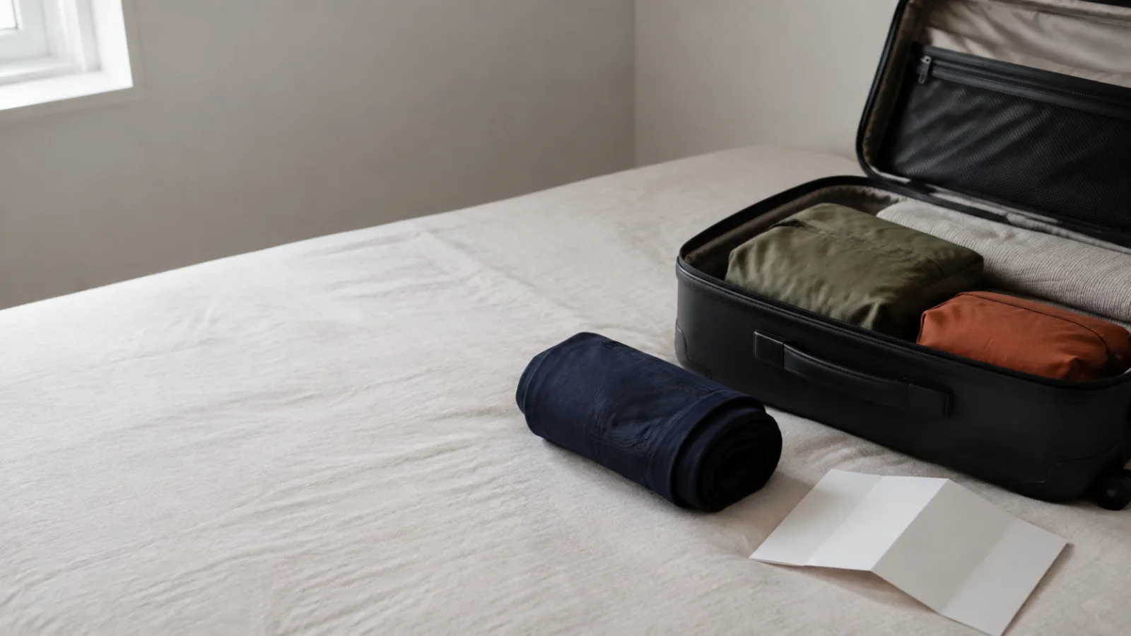 Travel trousers rolled tightly beside a packed carry-on and a boarding pass