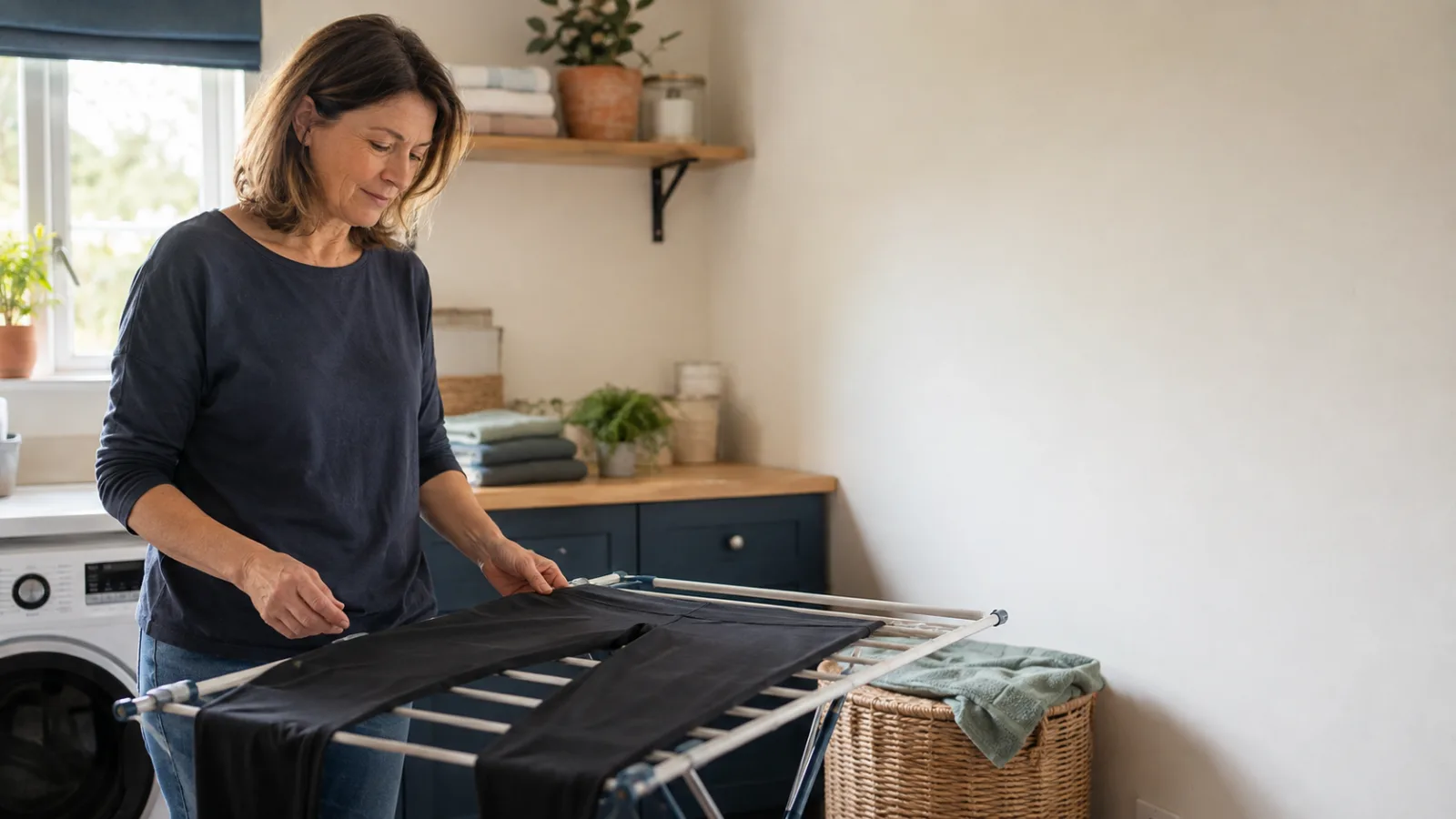 A middle-aged to older woman examining a pair of plain black leggings with no visible logos or brand marks.