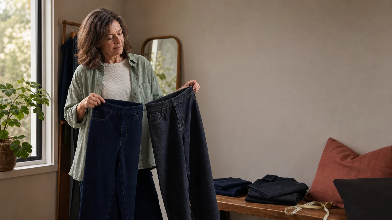 A middle-aged to older woman comparing two pairs of stretch denim pants, with no visible logos or brand marks.