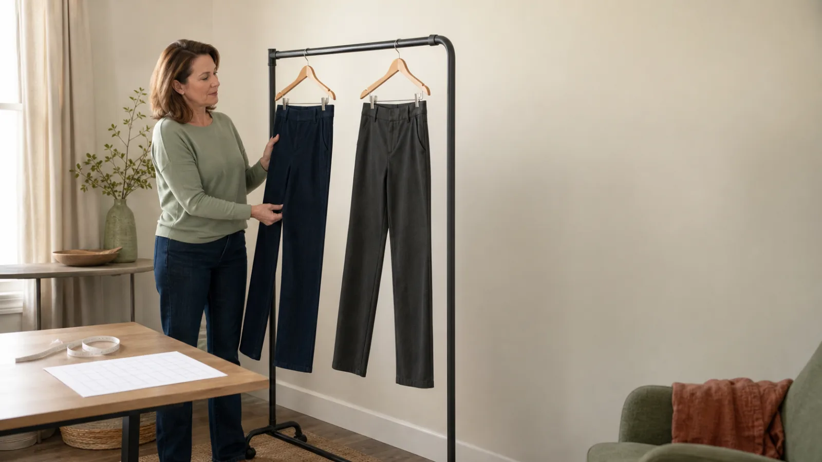 A woman in her forties to sixties comparing regular and petite pants on a clean studio rack, with no visible logos or brand marks.