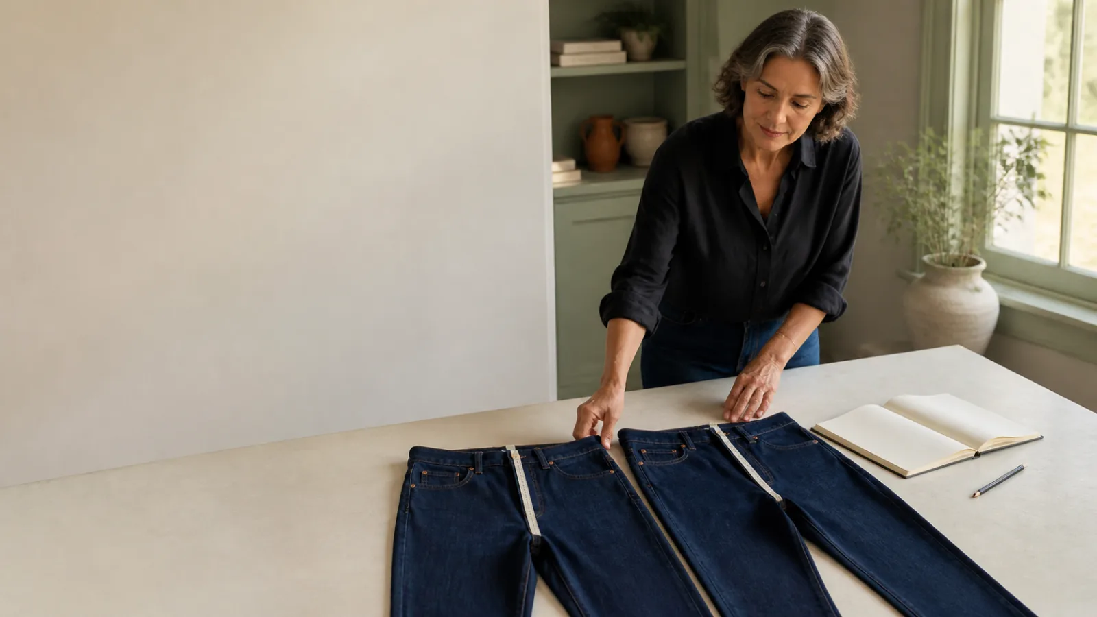 two pairs of dark jeans laid flat side by side, a tape measure showing the front rise on each from crotch seam to waistband