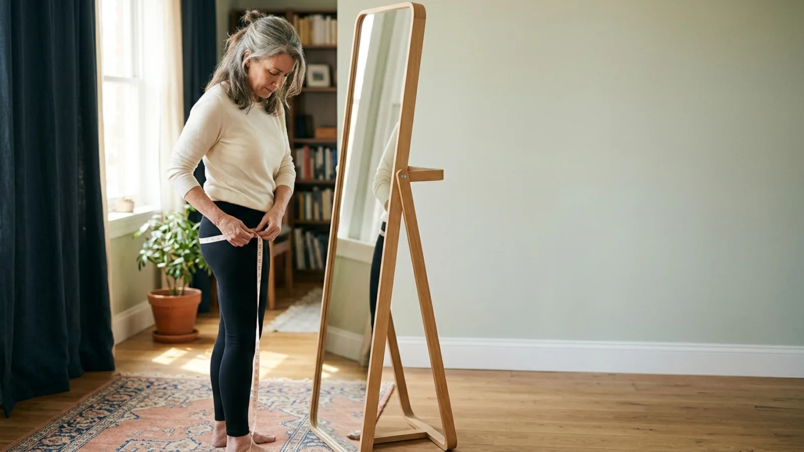 A woman in her fifties with natural grey-streaked hair, wearing plain unmarked leggings and a simple top, standing in a bright room with a soft tape measure around her hips