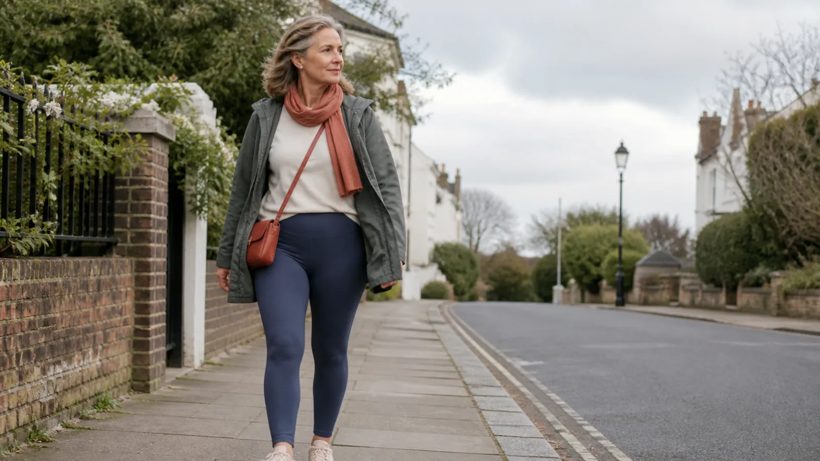 a woman walking outdoors in leggings with a wide waistband visible under an open jacket