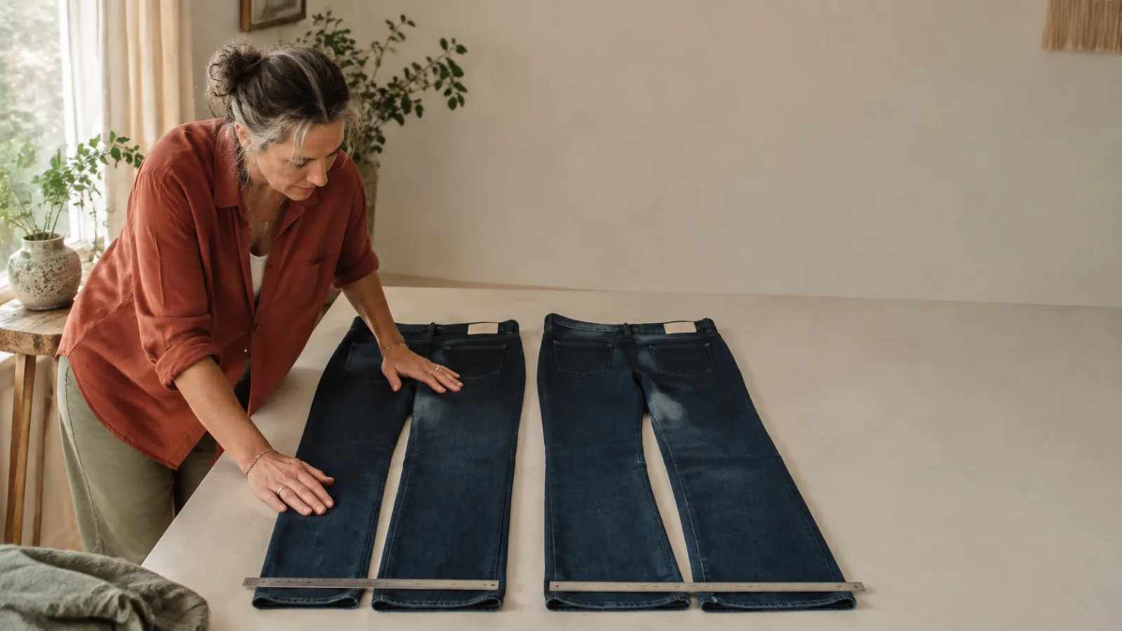 two pairs of jeans laid flat side by side with a steel ruler across each hem, one hem visibly wider than the other
