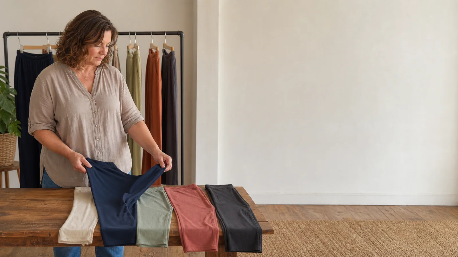 A middle-aged woman comparing plain stretch bottoms on a clean studio rack, with no visible logos or brand marks.