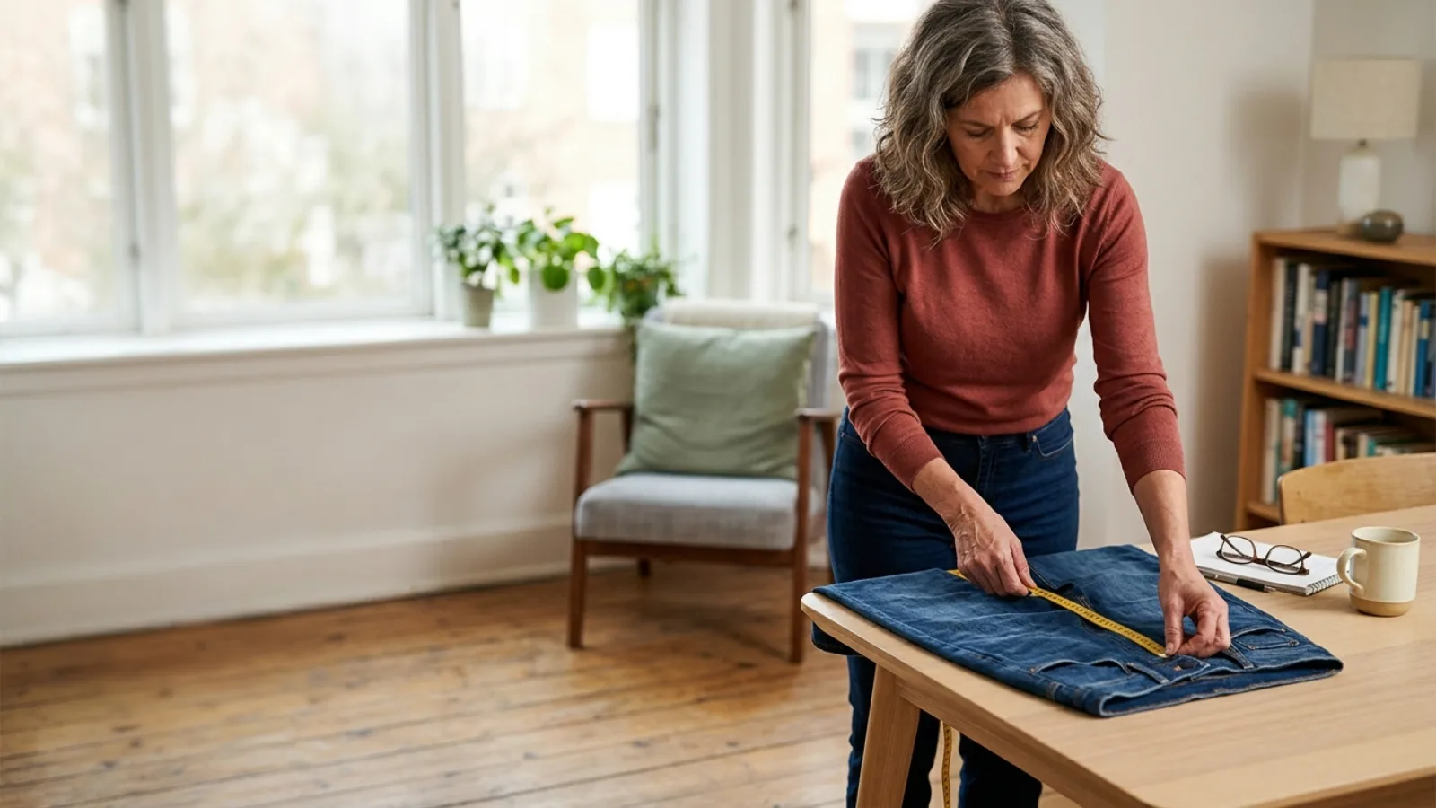 A woman in her fifties, with natural grey-streaked hair, standing in a bright room and wearing plain dark stretch jeans with no visible logos or brand marks.