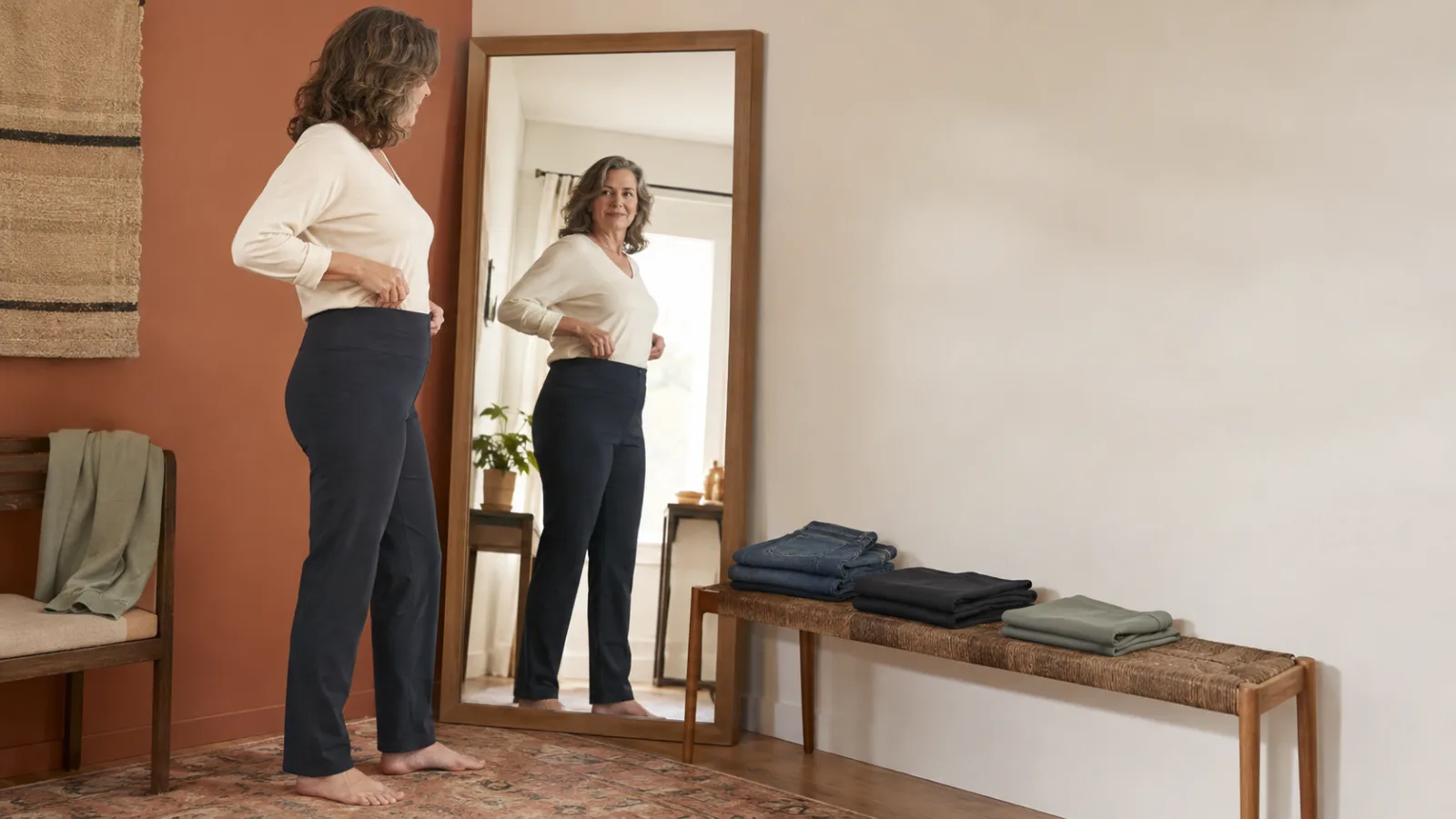A middle-aged to older woman with a natural, relaxed posture wearing clean pull-on stretch pants with a deep waistband, no visible logos or brand marks