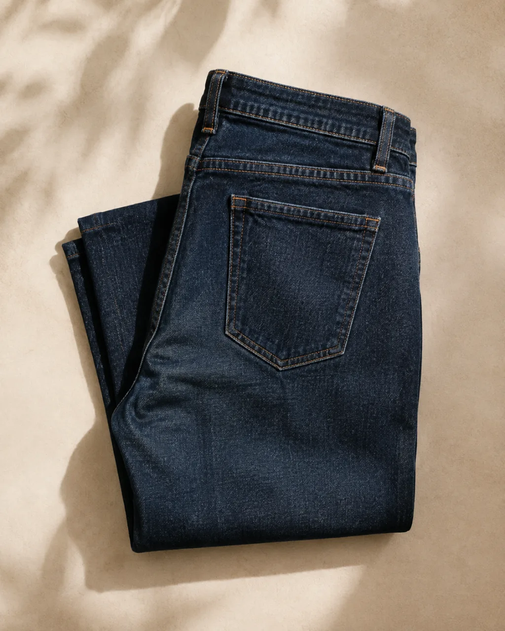 a pair of stretch jeans neatly folded into a square stack, waistband on top