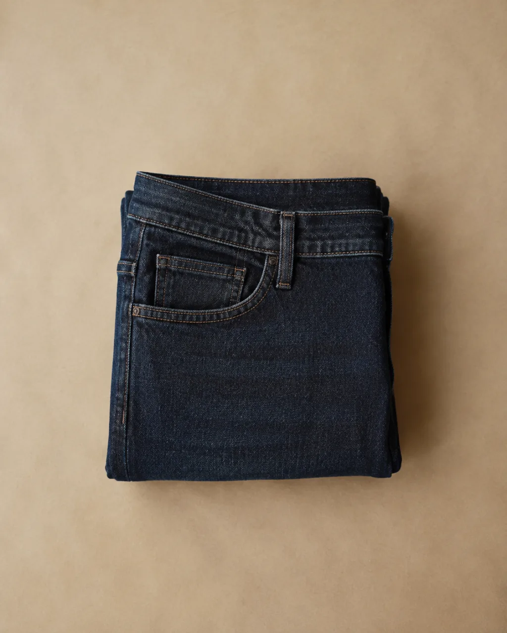 a pair of stretch jeans neatly folded into a square stack, waistband on top