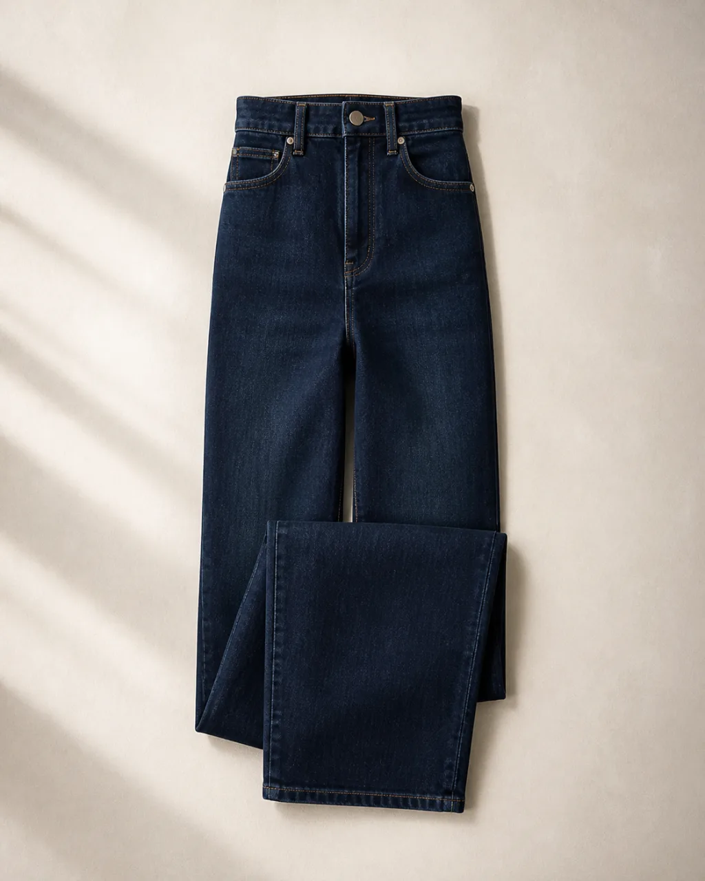 a folded, flat-laid pair of stretch jeans with a super-high rise