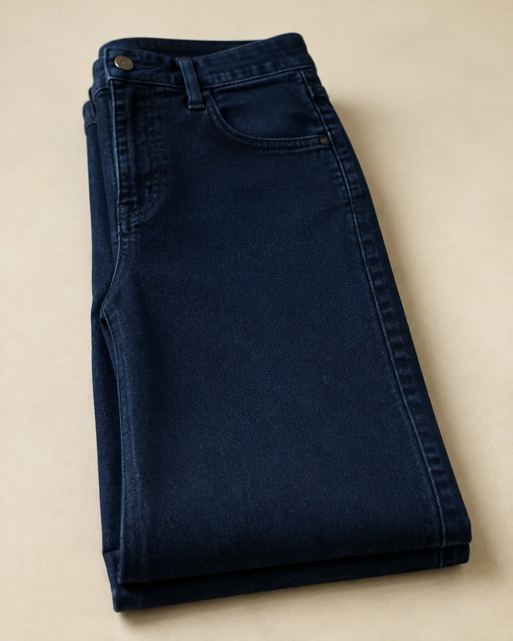 a pair of jeggings folded in half lengthwise, side seam running down the frame with a high rise and a button-and-zip waistband , fabric: Cotton/rayon/recycled cotton/polyester/spandex blend