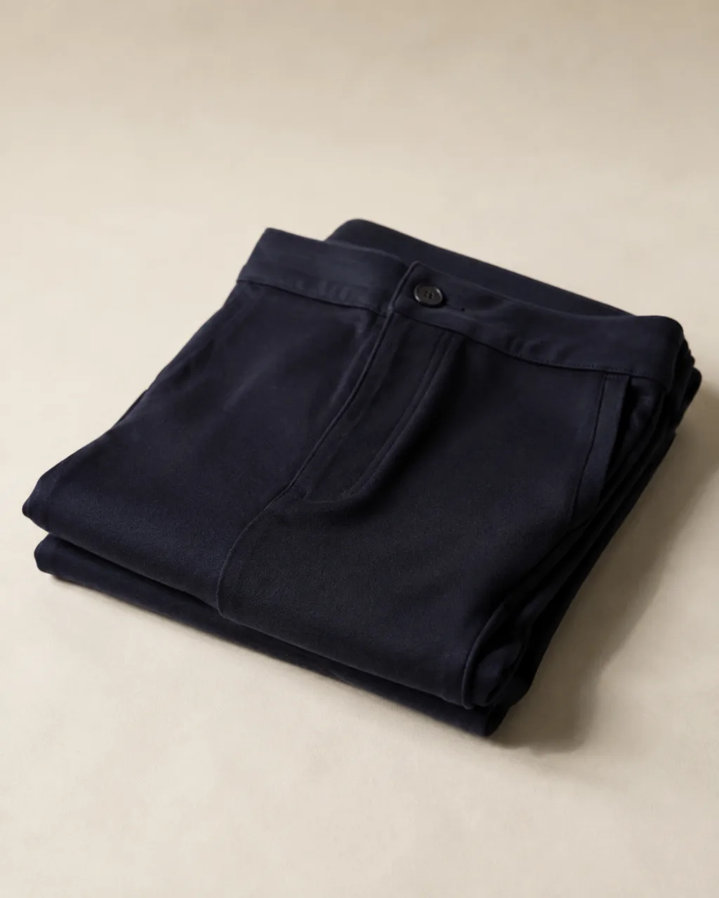 a pair of ponte knit pants neatly folded into a square stack, waistband on top with a button-and-zip waistband , fabric: Ponte knit