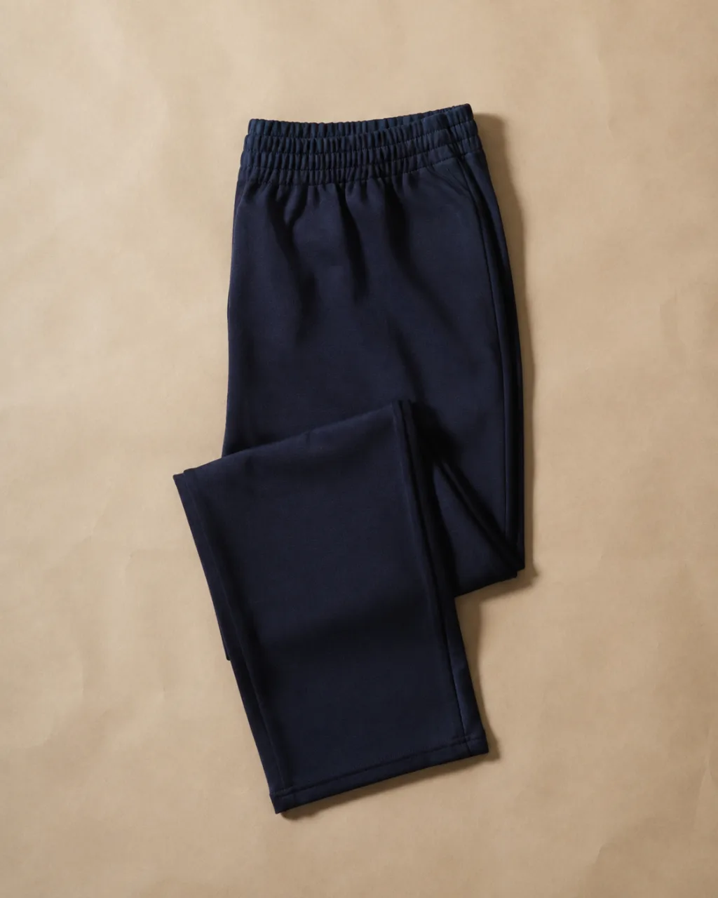 a pair of ponte knit pants folded once at the knee and laid flat with a full elastic waistband , fabric: Ponte knit